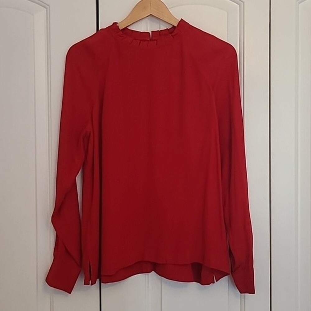 Ann Taylor LOFT Blouse Red Pleated Ruffle Top Long Sleeve Size S NWT